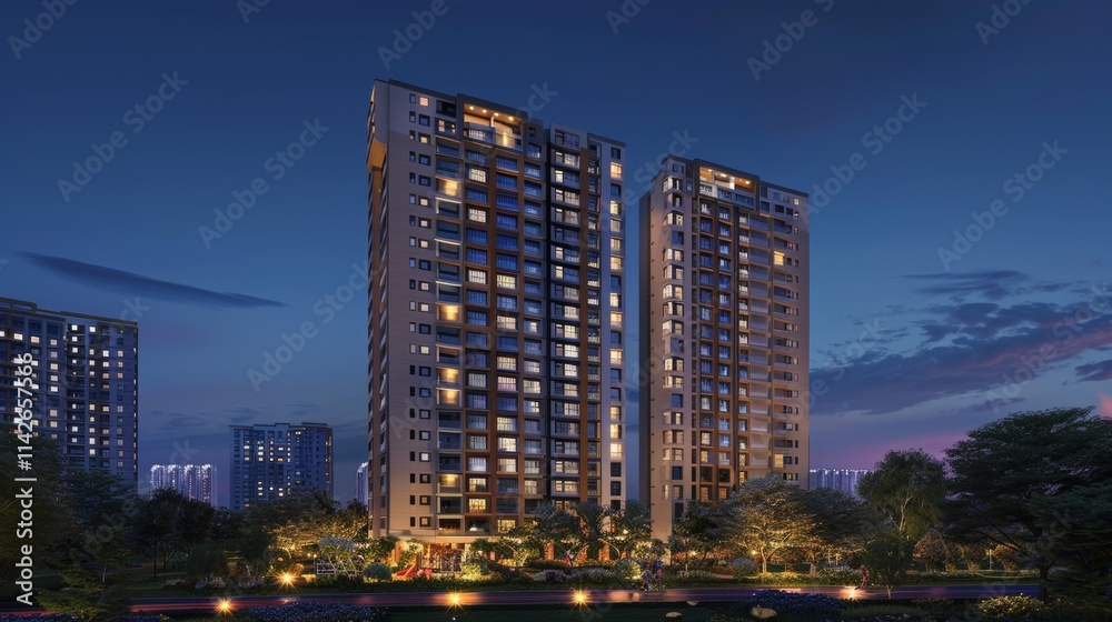 Nighttime urban scene tall apartment building with illuminated windows against dark sky Nighttime urban scene tall apartment building with illuminated windows against dark sky