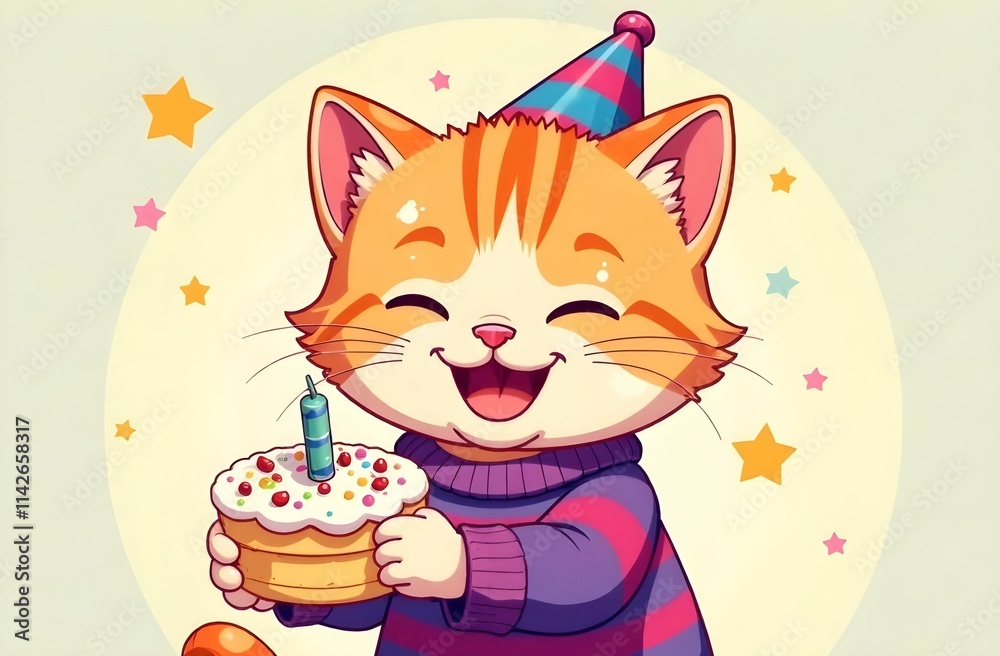 A cheerful kitty in a party hat is joyfully holding a birthday cake