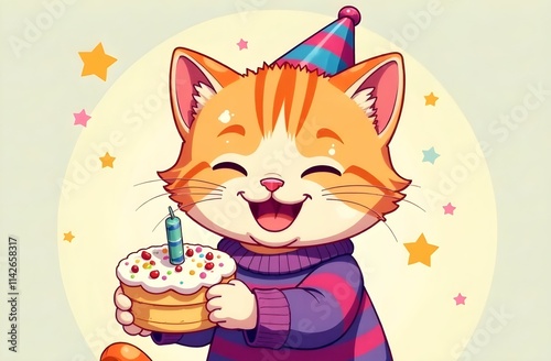 Obraz na płótnie A cheerful kitty in a party hat is joyfully holding a birthday cake w salonie