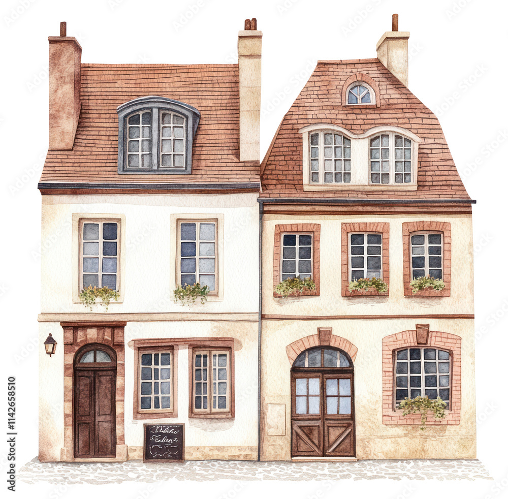 Fototapeta premium PNG Vintage French townhouses architecture illustration watercolor.