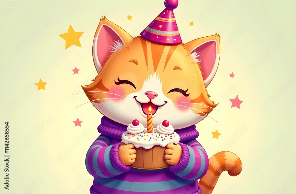 A cheerful kitty in a party hat is joyfully holding a birthday cake