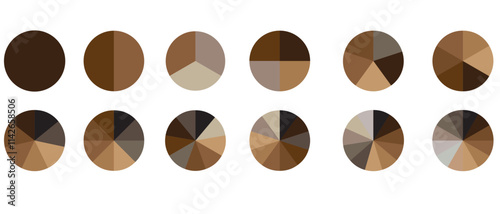Circles divided in segments from 1 to 15 isolated on white background. Pie business chart or pizza round shapes cut in equal slices in outline style. Vector.