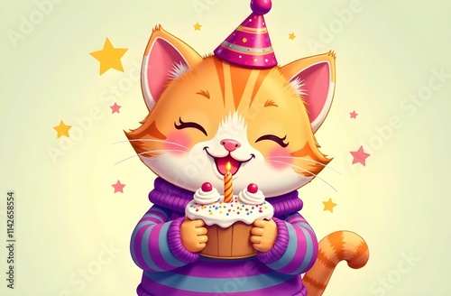 Obraz na płótnie A cheerful kitty in a party hat is joyfully holding a birthday cake w salonie