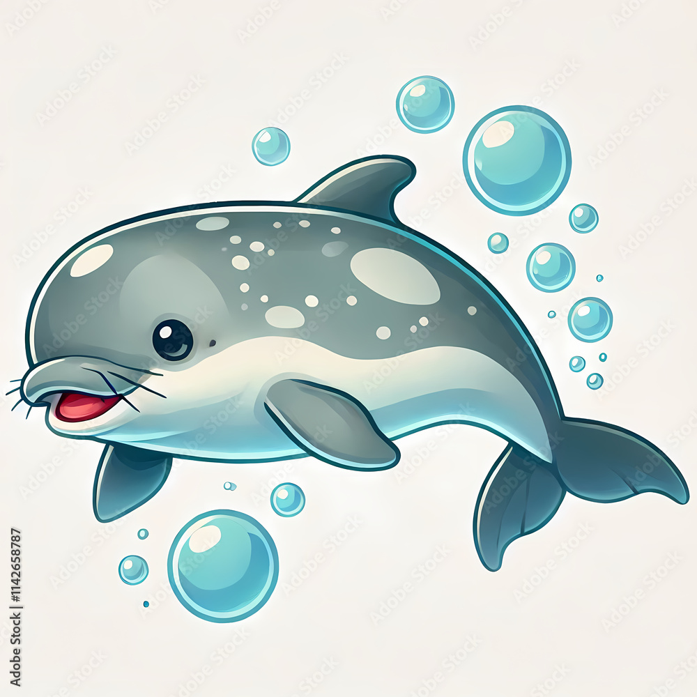 A playful cartoon vaquita porpoise swimming among bubbles, showcasing its friendly demeanor. A playful cartoon vaquita porpoise swimming among bubbles, showcasing its friendly demeanor.