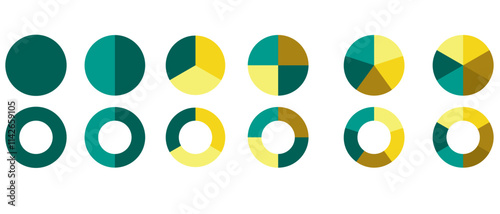 Circle division infographic icon set. Pie chart divided 4,5,6 equal parts. Color pizza or donut round diagram. Infographic wheel segment and fraction. Vector illustration isolated on white background.