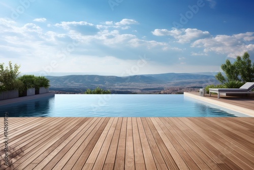 An elegant swimming pool with a modern design, featuring a sleek infinity edge that overlooks a scenic view. The pool is surrounded by a stylish deck made of natural wood