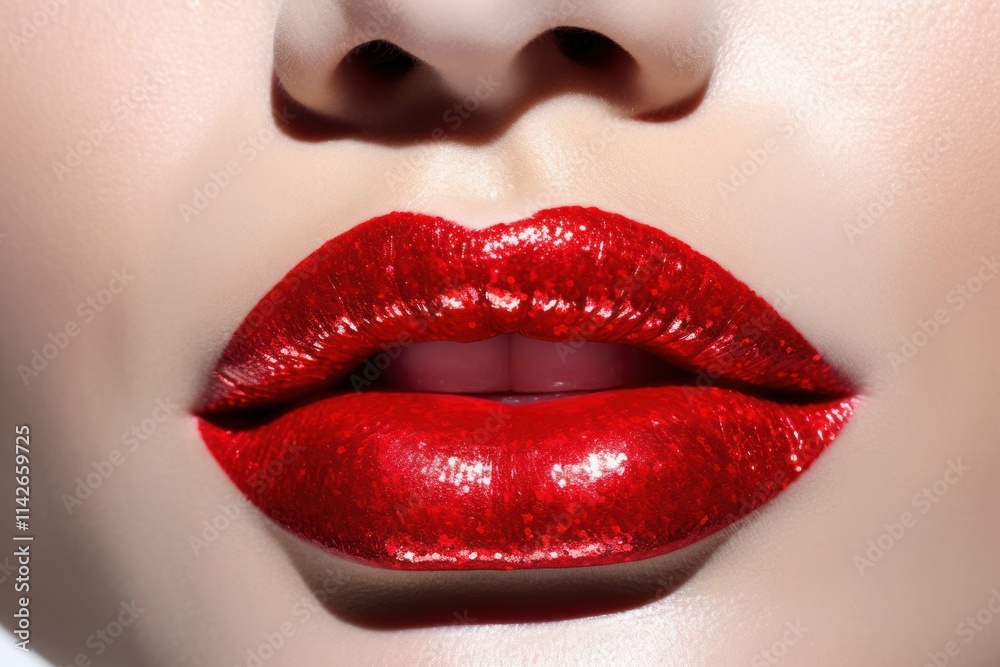 Obraz premium Artistic close-up of bold red lips featuring a glossy finish, set against a stark white background. The lips are adorned with a touch of shimmer, creating an alluring sparkle.