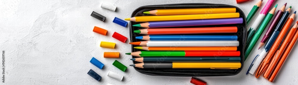 Colorful Pencils and Pens in a Case on White Background