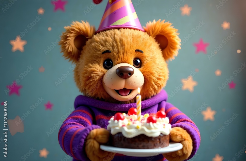 A cheerful teddy bear in a party hat is joyfully holding a birthday cake