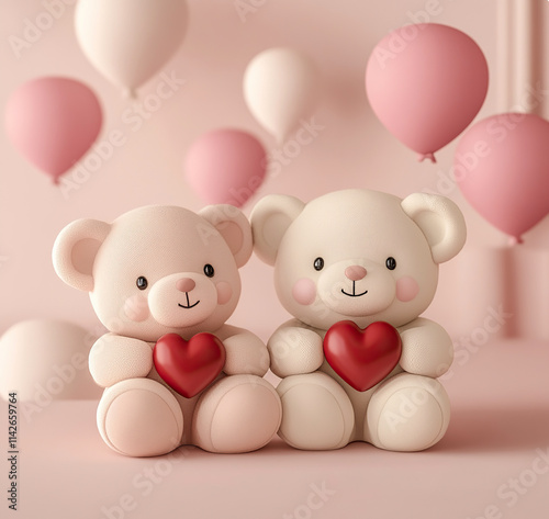 Sweet love: cute teddy bears with glowing hearts and floating balloons.