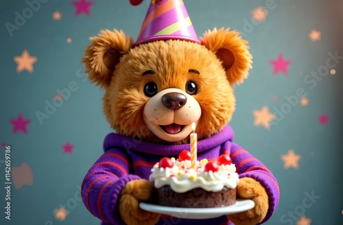Obraz na płótnie A cheerful teddy bear in a party hat is joyfully holding a birthday cake w salonie