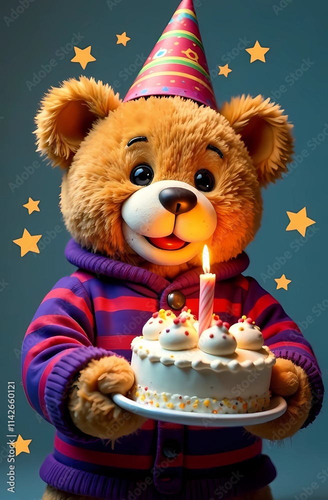 A cheerful teddy bear in a party hat is joyfully holding a birthday cake