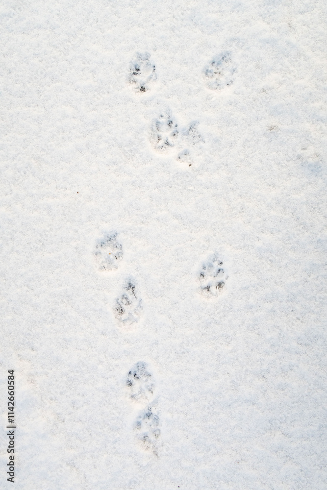 A snow covered ground with a few paw prints A snow covered ground with a few paw prints