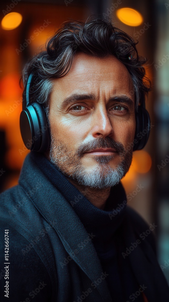 Man with headphones enjoying music on a busy street during evening hours in an urban setting with warm lights reflecting the ambiance Man with headphones enjoying music on a busy street during evening hours in an urban setting with warm lights reflecting the ambiance