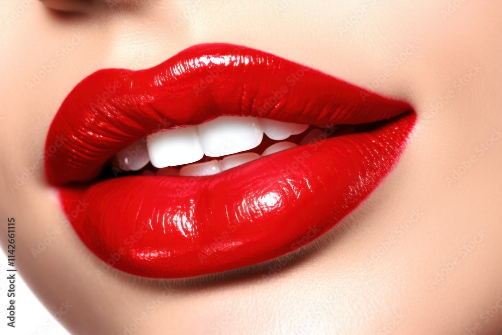 Fototapeta premium Close-up shot of luscious red lips with a glossy finish, showcasing a vibrant shade of crimson. The lips are slightly parted to reveal a hint of teeth,