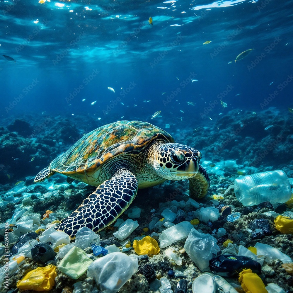 Obraz premium A turtle swimming amidst plastic debris in the ocean highlights the impact of pollution on marine life, urging awareness and action to protect the environment and wildlife.