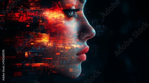 An iconic design featuring a cybernetically enhanced humanoid android, immersed in a virtual reality simulation with surreal landscapes and glitchy distortions, black background, blurring the  photo