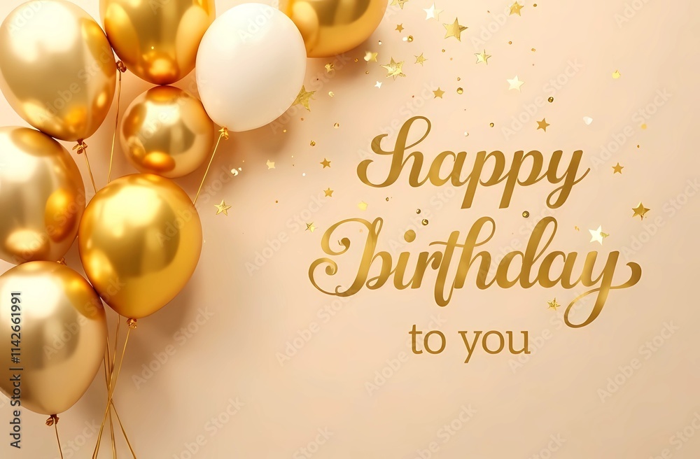 A birthday card with gold and white balloons saying happy birthday