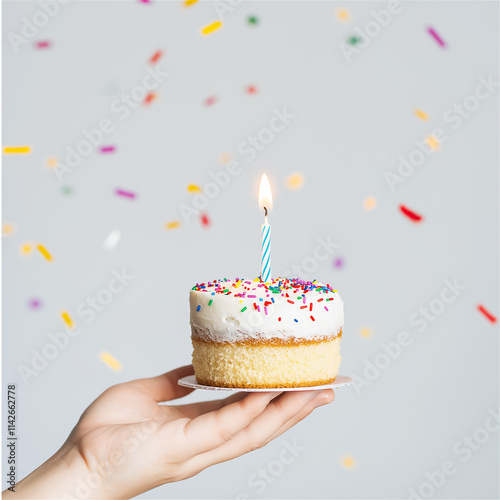 A single candle on a small birthday cake held by a hand against a confetti-filled background. The minimalistic composition with pastel colors creates a festive, celebratory mood.