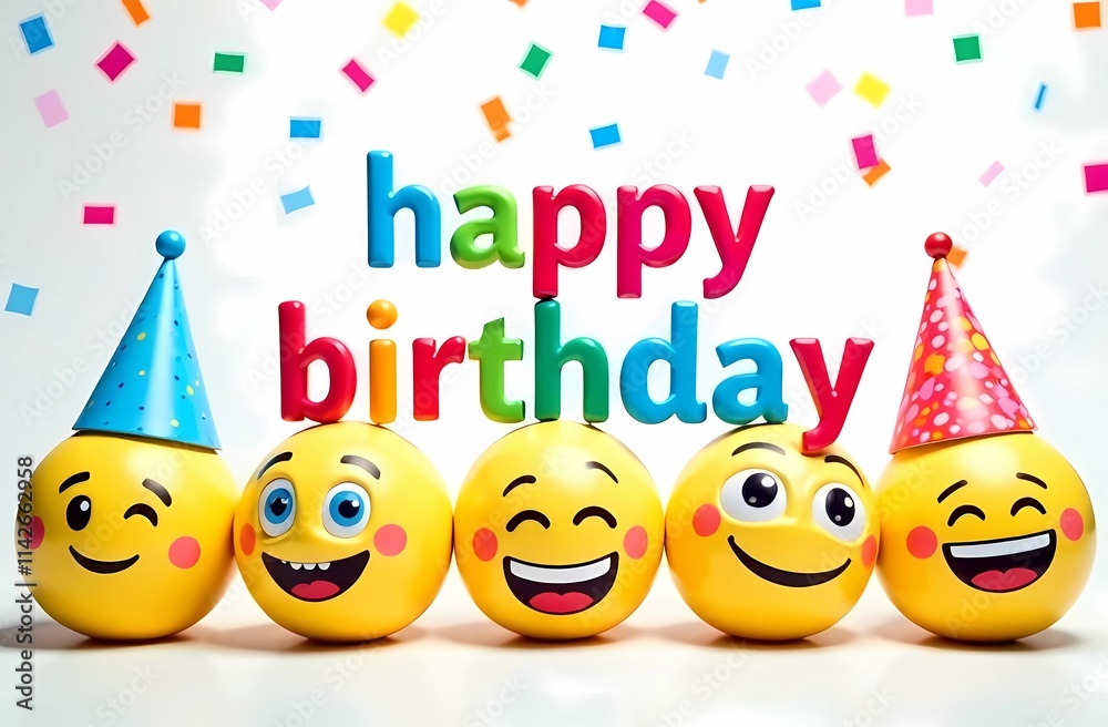 A birthday card with joyful smiley faces and colorful party hats