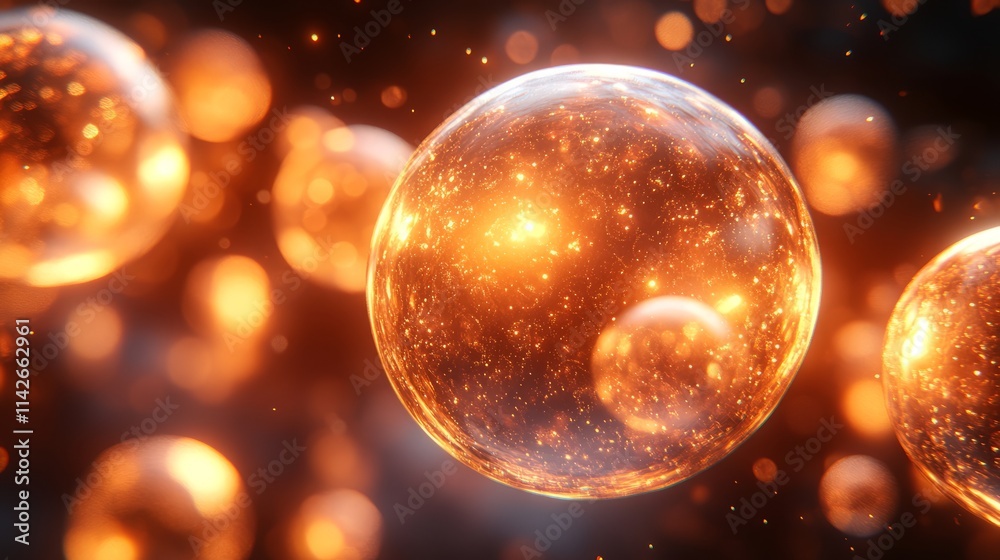 Radiant spheres float in a dark expanse, illuminating the space with their warm glow Radiant spheres float in a dark expanse, illuminating the space with their warm glow
