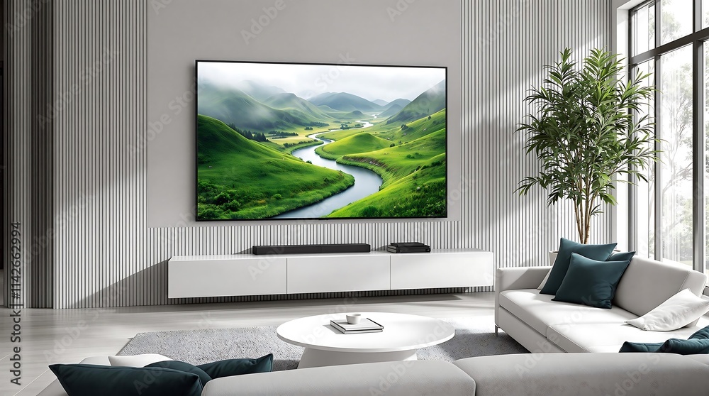 Fototapeta premium Large TV in a Stylish Living Room Showcasing Modern Elegance