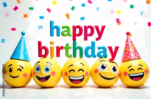 Obraz na płótnie A birthday card with joyful smiley faces and colorful party hats w salonie