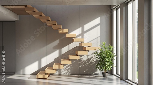 Close Up of Wooden Stair Winders with Granite Base and Sunlit Tropical Tree Against Polished Concrete Wall