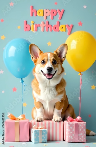 Obraz na płótnie A corgi sits by gifts and balloons, saying happy birthday w salonie