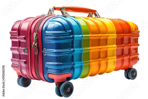 Colorful suitcase with wheels, perfect for travel enthusiasts and adventurers, showcased against a white isolate background. photo