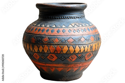 Colorful traditional clay pot with intricate patterns, showcasing cultural heritage and artistry, isolated on a white background. photo