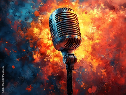 Futuristic vector graphic of a vintage microphone morphing into a radiant sun, symbolizing the warmth of music ::2 musical radiance, vibrant rays, melodic flames, creative energy, white background, 