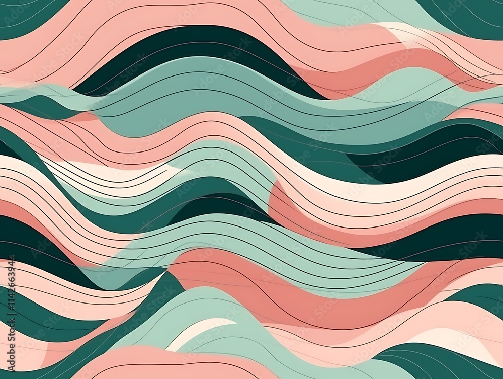 Fototapeta premium Abstract Wavy Lines Pastel Green Pink Design
