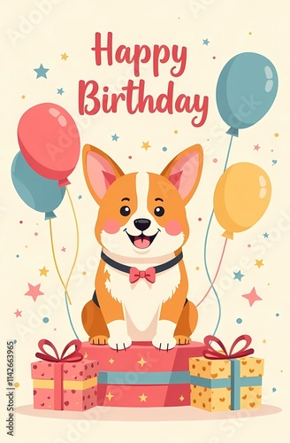 A corgi sits by gifts and balloons, saying happy birthday