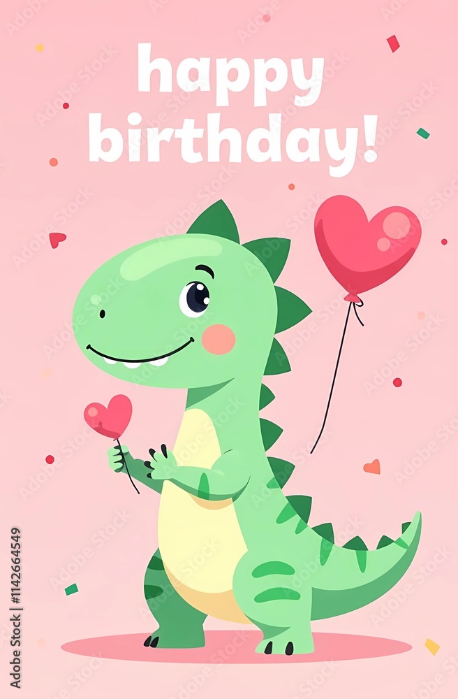 A pixel art card featuring a dinosaur with a heart balloon