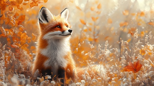 Lively red fox amidst a forest backdrop, embodying cunning and adaptability, vector graphic, white background ::2 fiery fur, attentive gaze, natural habitat, autumnal colors, animated, simple  photo