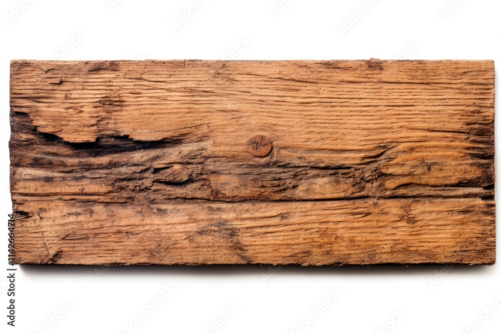 Naklejka premium Textured wooden plank with a weathered finish, displaying natural imperfections and rustic charm. The surface is highlighted to reveal the depth and character of the wood grain