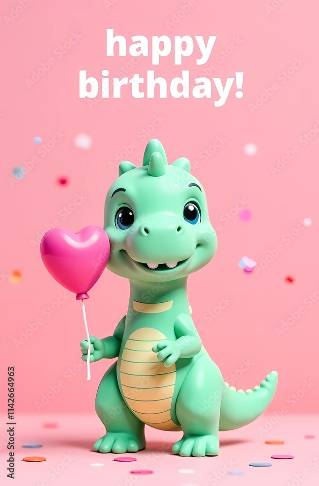 A charming birthday card features an adorable dinosaur happily holding a heartshaped balloon, perfect for celebration