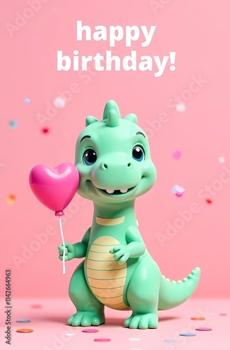 Obraz na płótnie A charming birthday card features an adorable dinosaur happily holding a heartshaped balloon, perfect for celebration w salonie