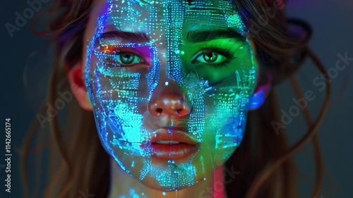 Futuristic Transition: Woman’s Face Merging with Digital Pixels