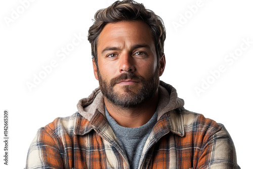 Confident man with a beard wearing a checkered flannel shirt and hoodie, posing against a white isolate background.