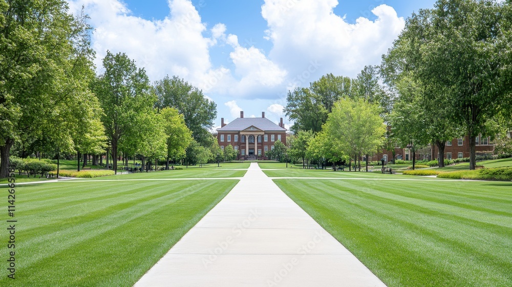 Fototapeta premium Serene Pathway Through Lush Green Lawn Leading to Classic Architecture in Bright Blue Sky