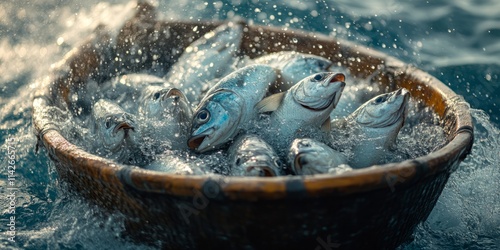 Multiple fish are lively in a basket, splashing water under the sunlight photo