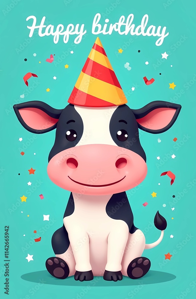 A playful cow adorned with a colorful party hat sits on a blue background