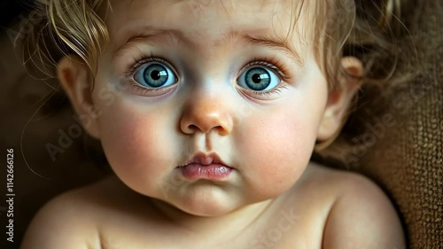 Adorable baby girl with captivating blue eyes, resting her chin on her hands in a close up portrait capricious