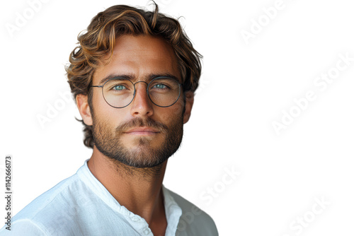 Confident young man with glasses, wearing a casual white shirt, poses against a transparent background, showcasing a relaxed and professional demeanor.