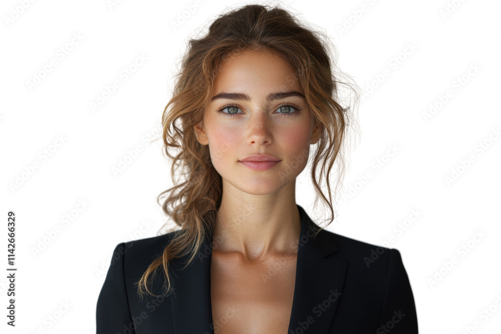 Confident young woman in a stylish black blazer, with natural makeup and wavy hair, smiling softly while looking directly at the camera. Confident young woman in a stylish black blazer, with natural makeup and wavy hair, smiling softly while looking directly at the camera.