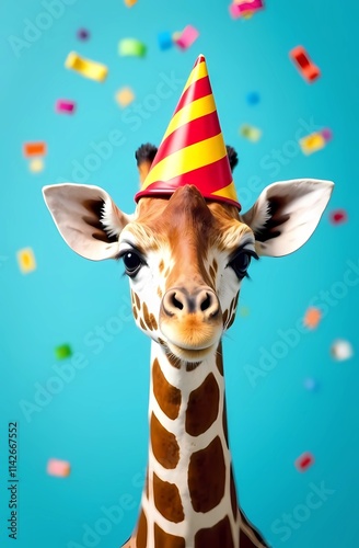 A playful giraffe adorned with a colorful party hat sits on a blue background
