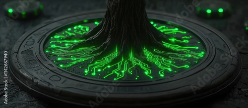 Futuristic tree with glowing green circuits at its base on a dark circular platform. photo