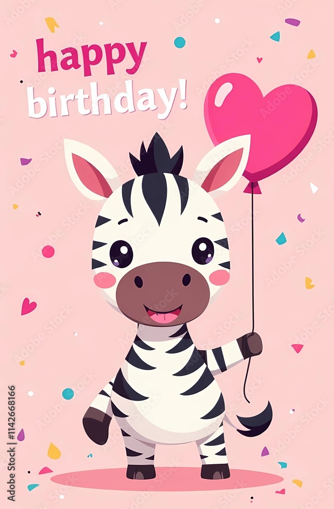 A pixel art card featuring a zebra with a heart balloon